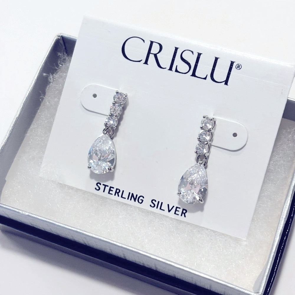 CRISLU EARRINGS BRIDAL WEDDING STUDS FOR PIERCED EARS DROP FAUX STONES STERL